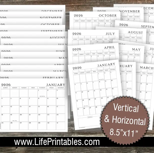 2026 Calendars Horizontal and Vertical sets (12 pages ea) FREE