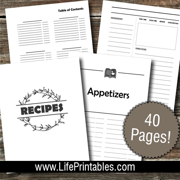 Cookbook Template for 8.5x11" for DIY 3 Ring Binder (40 templates) PLUS Meal Planner/Grocery List bonus (Item #70)