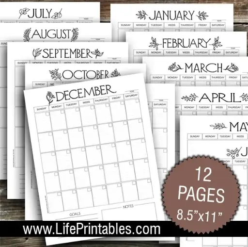 Monthly calendar undated 12 pages - School, work, fitness, vacation