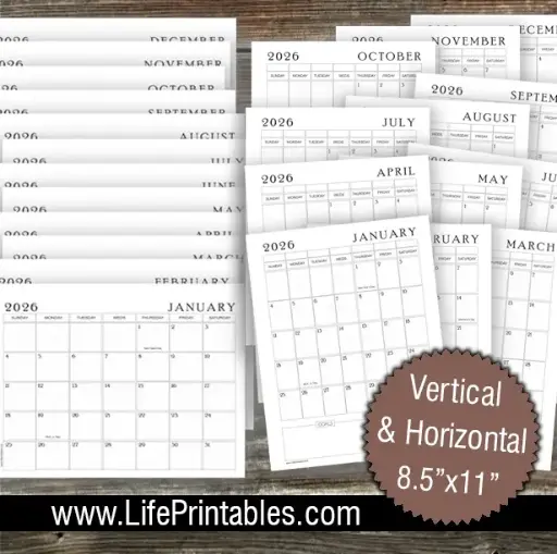 2026 Calendars Horizontal and Vertical sets (12 pages ea) FREE