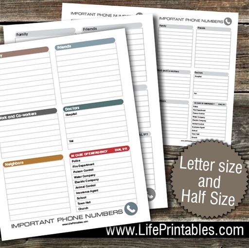 Fridge Phone List (Emergency Contacts) Quick List 8.5x11" & half sheet FREE